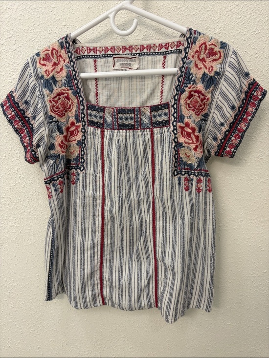 Johnny Was Tops - Johnny Was Striped Embroidered Square-Neck Top